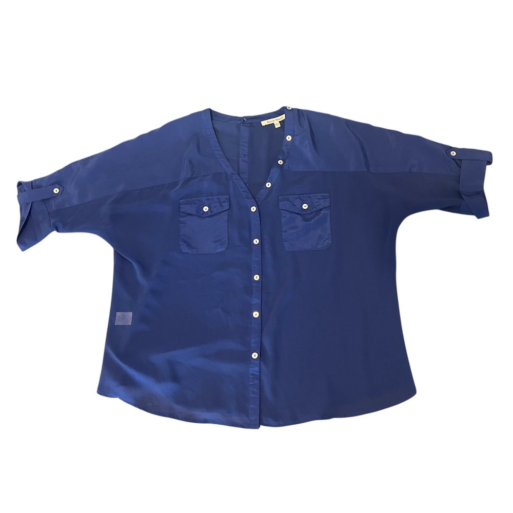 Black Rainn Blouse Womens Medium Blue Roll Tab Back Button 1618